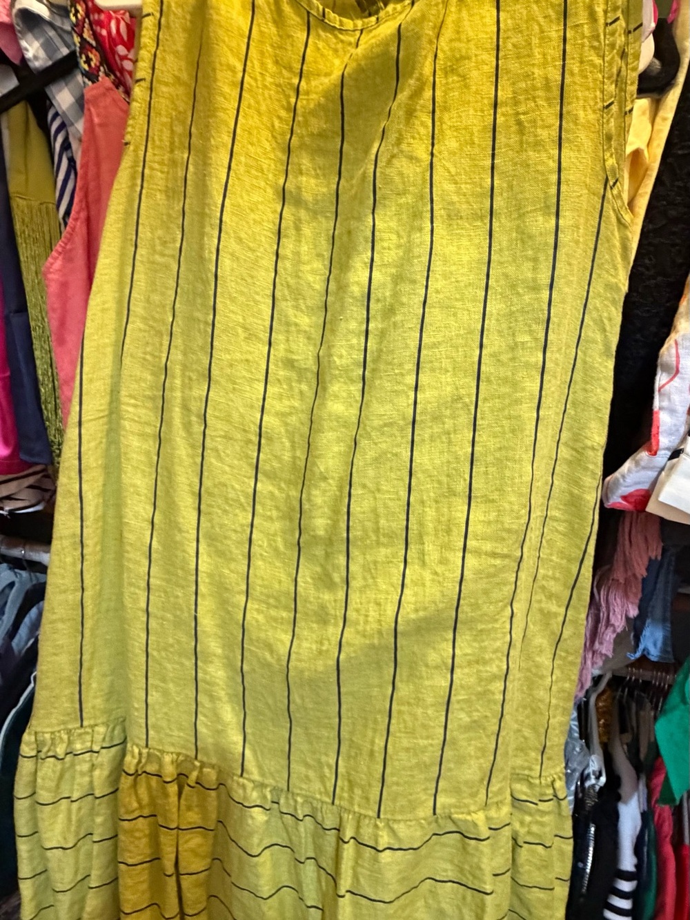 Yellow Striped Sleeveless Maxi Dress with Ruffled Hem